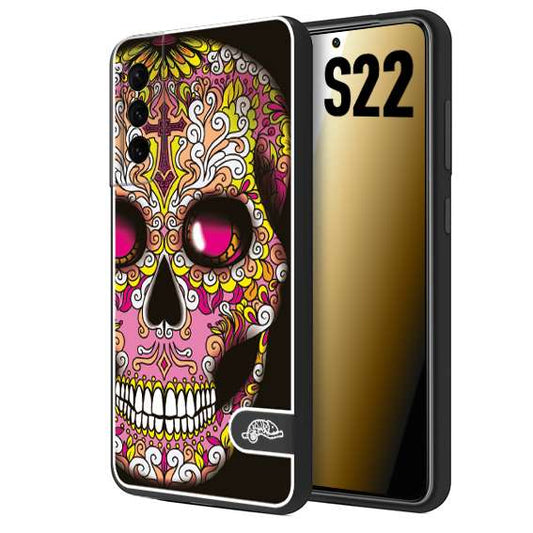 CUSTOMIZZA - Custodia cover nera morbida in tpu compatibile per Samsung S22 teschio messicano Mexican skull rosa gialla