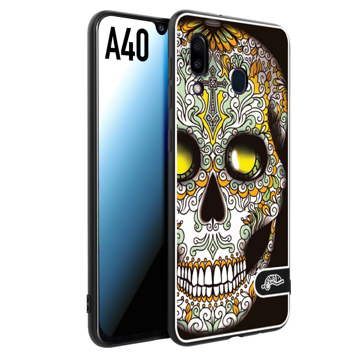 CUSTOMIZZA - Custodia cover nera morbida in tpu compatibile per Samsung A40 teschio messicano Mexican skull bianco verde giallo