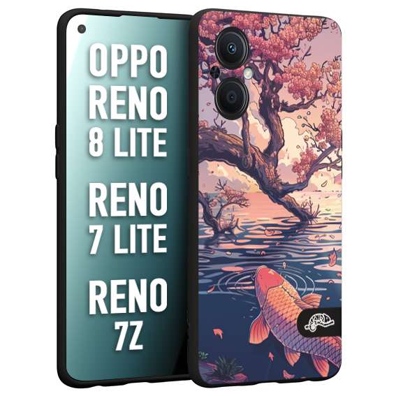 CUSTOMIZZA - Custodia cover nera morbida in tpu compatibile per Oppo Reno 7 Lite - 8 Lite - 7Z giapponese lago carpa koi rosa con foglie d'acero disegnata tattoo