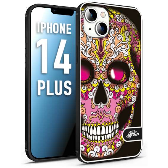 CUSTOMIZZA - Custodia cover nera morbida in tpu compatibile per iPhone 14 PLUS teschio messicano Mexican skull rosa gialla