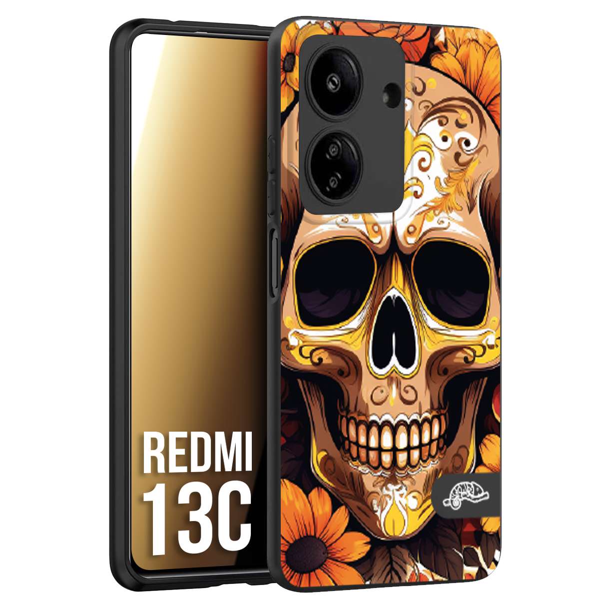 CUSTOMIZZA - Custodia cover nera morbida in tpu compatibile per Xiaomi Redmi 13C teschio messicano colorato dorato fiori tattoo disegnato