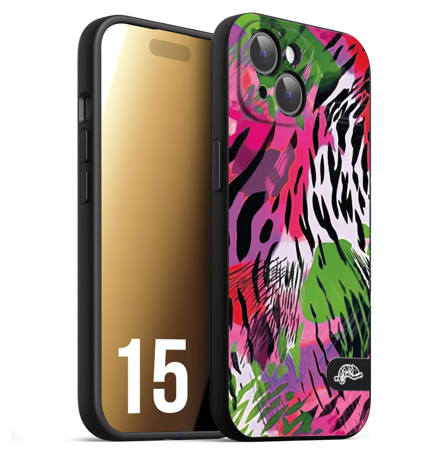 CUSTOMIZZA - Custodia cover nera morbida in tpu compatibile per iPhone 15 leopardato tigrato tiger colorata summer color verde fucsia