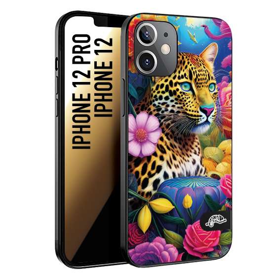 CUSTOMIZZA - Custodia cover nera morbida in tpu compatibile per iPhone 12 - 12 PRO fiori astratti donna flower fantasia leopardo ghepardo animali colorati