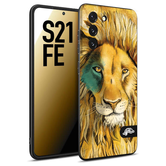 CUSTOMIZZA - Custodia cover nera morbida in tpu compatibile per Samsung S21 FE leone lion disegnato a mano giallo blu a rilievo artistico brown