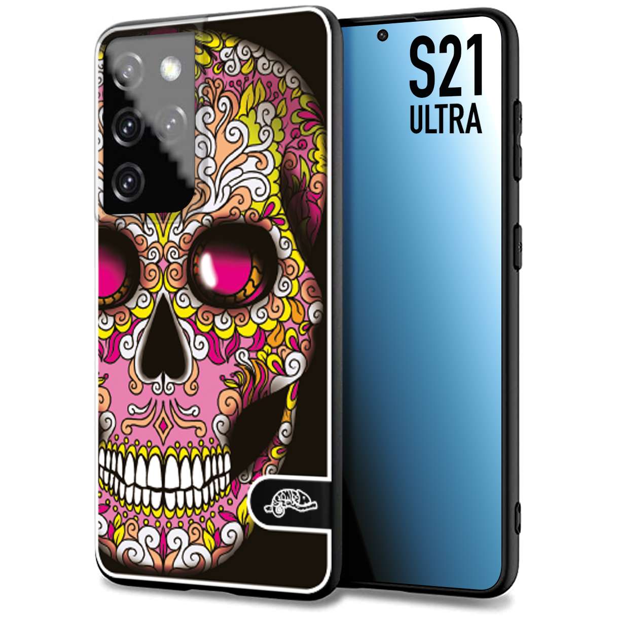 CUSTOMIZZA - Custodia cover nera morbida in tpu compatibile per Samsung S21 ULTRA teschio messicano Mexican skull rosa gialla