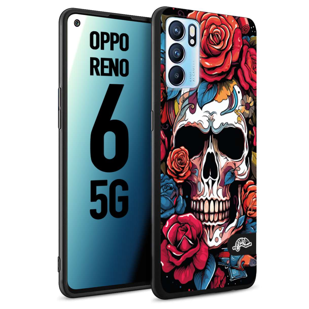 CUSTOMIZZA - Custodia cover nera morbida in tpu compatibile per Oppo Reno 6 5G teschio skull flowers fiori rose rosse tattoo disegnato