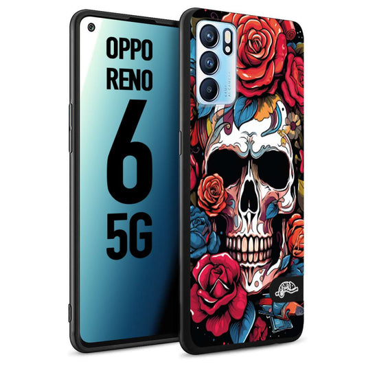 CUSTOMIZZA - Custodia cover nera morbida in tpu compatibile per Oppo Reno 6 5G teschio skull flowers fiori rose rosse tattoo disegnato