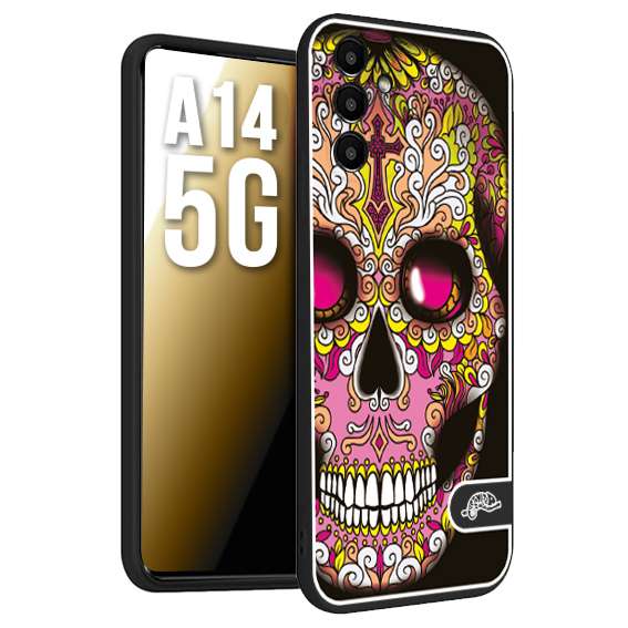 CUSTOMIZZA - Custodia cover nera morbida in tpu compatibile per Samsung A14 5G teschio messicano Mexican skull rosa gialla