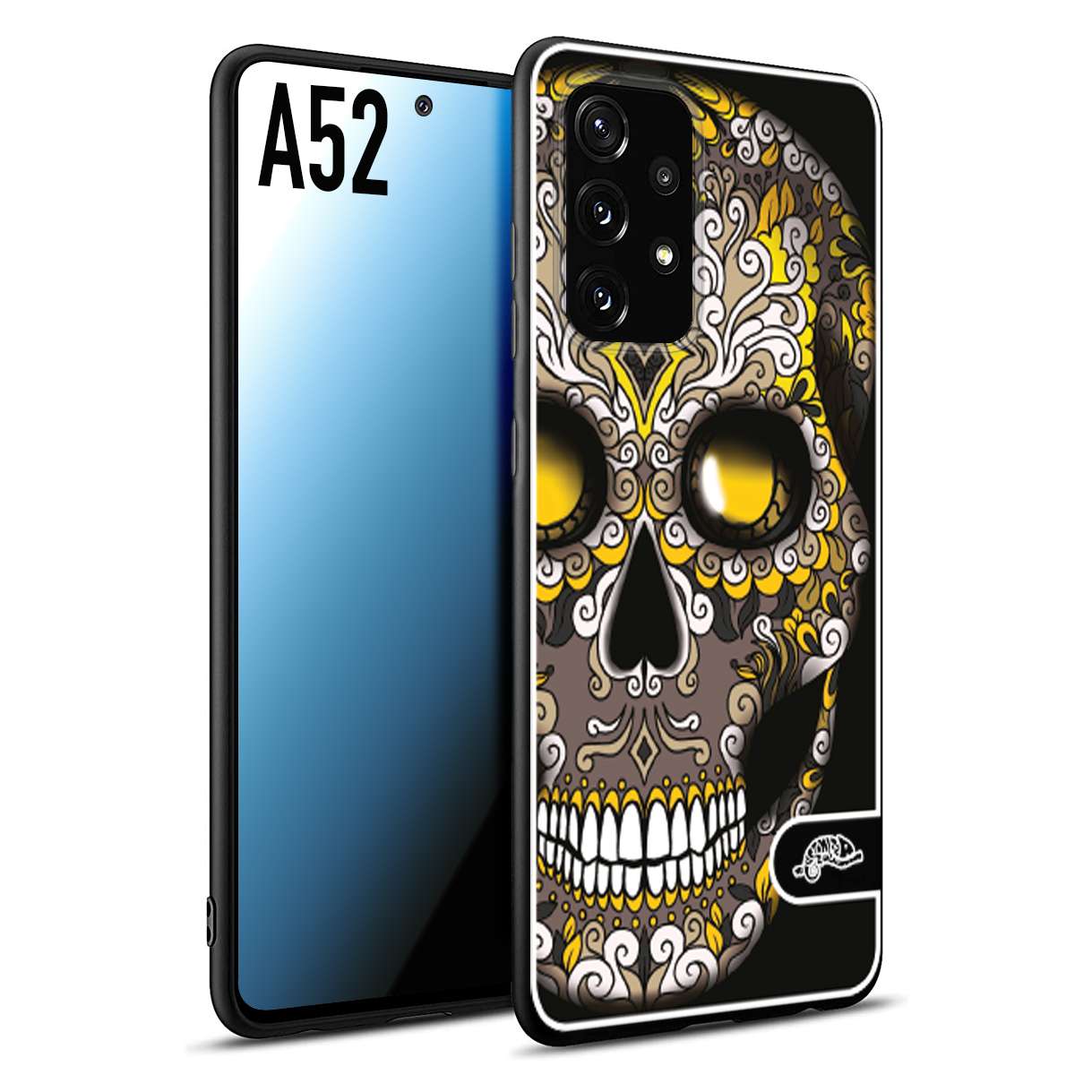 CUSTOMIZZA - Custodia cover nera morbida in tpu compatibile per Samsung A52 teschio messicano Mexican skull nero giallo