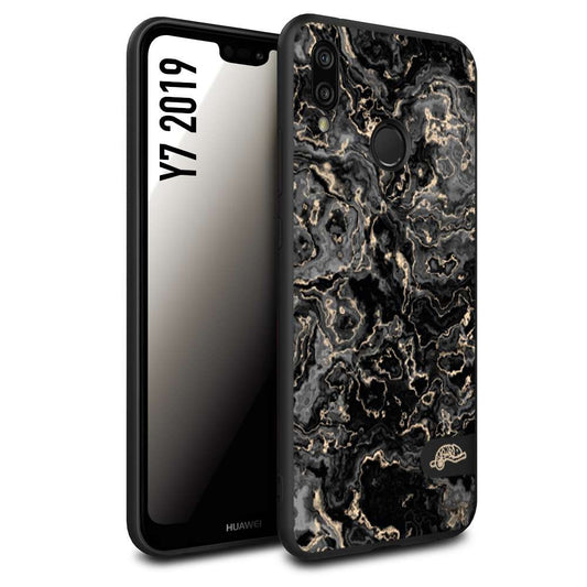 CUSTOMIZZA - Custodia cover nera morbida in tpu compatibile per Huawei Y7 2019 effetto marmo marble nero black venature dorato pietra