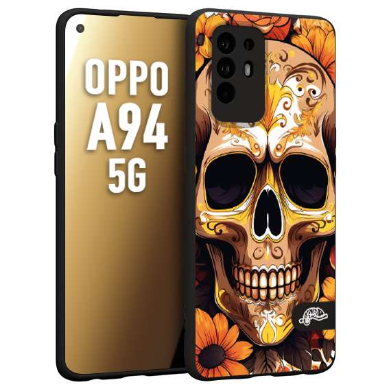 CUSTOMIZZA - Custodia cover nera morbida in tpu compatibile per Oppo A94 5G teschio messicano colorato dorato fiori tattoo disegnato