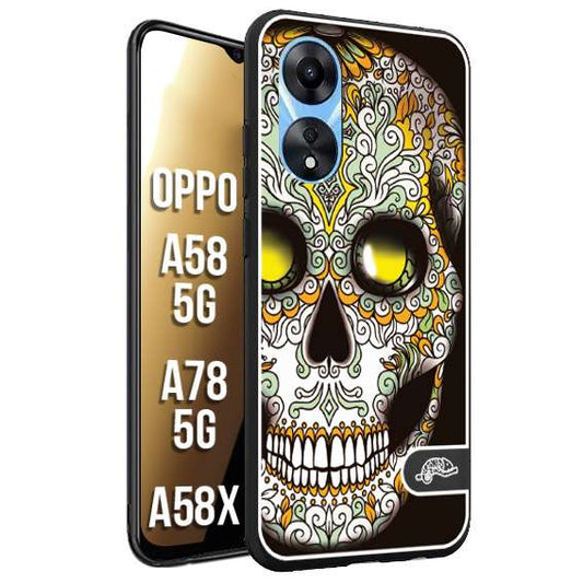 CUSTOMIZZA - Custodia cover nera morbida in tpu compatibile per Oppo A58 5G - A78 5G - A58X teschio messicano Mexican skull bianco verde giallo