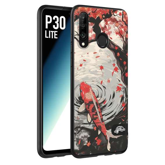 CUSTOMIZZA - Custodia cover nera morbida in tpu compatibile per Huawei P30 LITE giapponese lago carpa koi rossa con foglie d'acero rosso disegnata tattoo