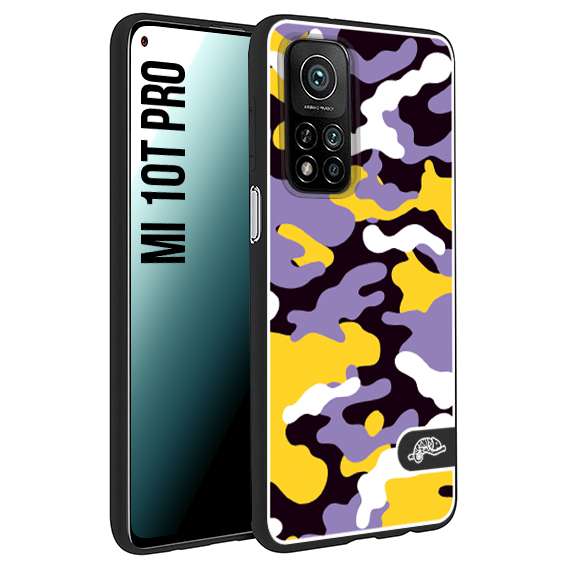 CUSTOMIZZA - Custodia cover nera morbida in tpu compatibile per Xiaomi Mi 10T PRO camouflage mimetico militare viola lilla giallo