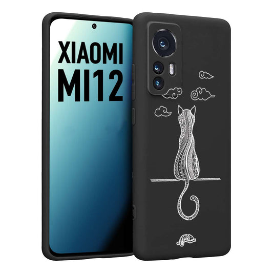 CUSTOMIZZA - Custodia cover nera morbida in tpu compatibile per Xiaomi 12 5G gatto mandala stilizzato gattino a rilievo soft touch donna bianca