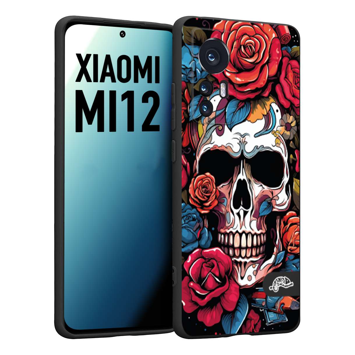 CUSTOMIZZA - Custodia cover nera morbida in tpu compatibile per Xiaomi 12 5G teschio skull flowers fiori rose rosse tattoo disegnato