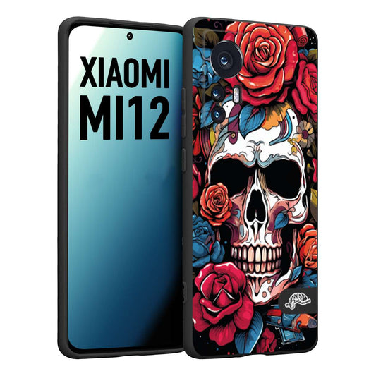 CUSTOMIZZA - Custodia cover nera morbida in tpu compatibile per Xiaomi 12 5G teschio skull flowers fiori rose rosse tattoo disegnato