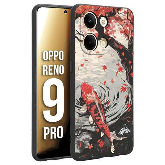 CUSTOMIZZA - Custodia cover nera morbida in tpu compatibile per Oppo Reno 9 PRO giapponese lago carpa koi rossa con foglie d'acero rosso disegnata tattoo