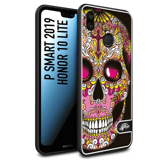 CUSTOMIZZA - Custodia cover nera morbida in tpu compatibile per Huawei P Smart 2019 teschio messicano Mexican skull rosa gialla