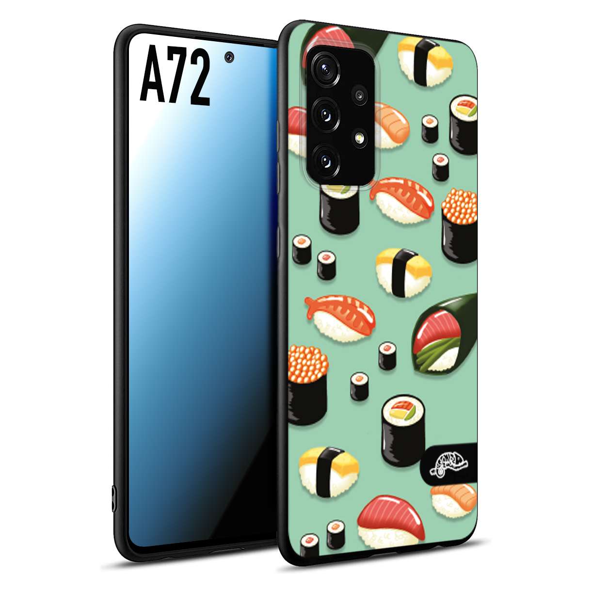 CUSTOMIZZA - Custodia cover nera morbida in tpu compatibile per Samsung A72 sushi disegni giapponese nighiri acquamarina verde