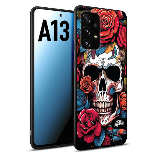 CUSTOMIZZA - Custodia cover nera morbida in tpu compatibile per Samsung A13 teschio skull flowers fiori rose rosse tattoo disegnato