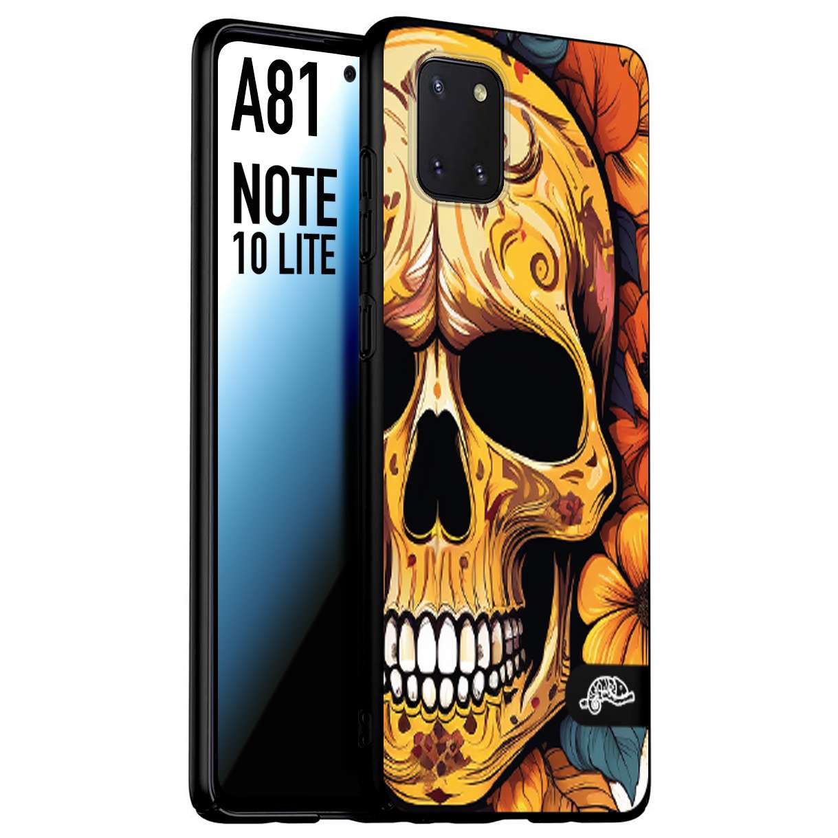 CUSTOMIZZA - Custodia cover nera morbida in tpu compatibile per Samsung A81 - Note 10 Lite teschio messicano colorato dorato fiori autunnali disegnato