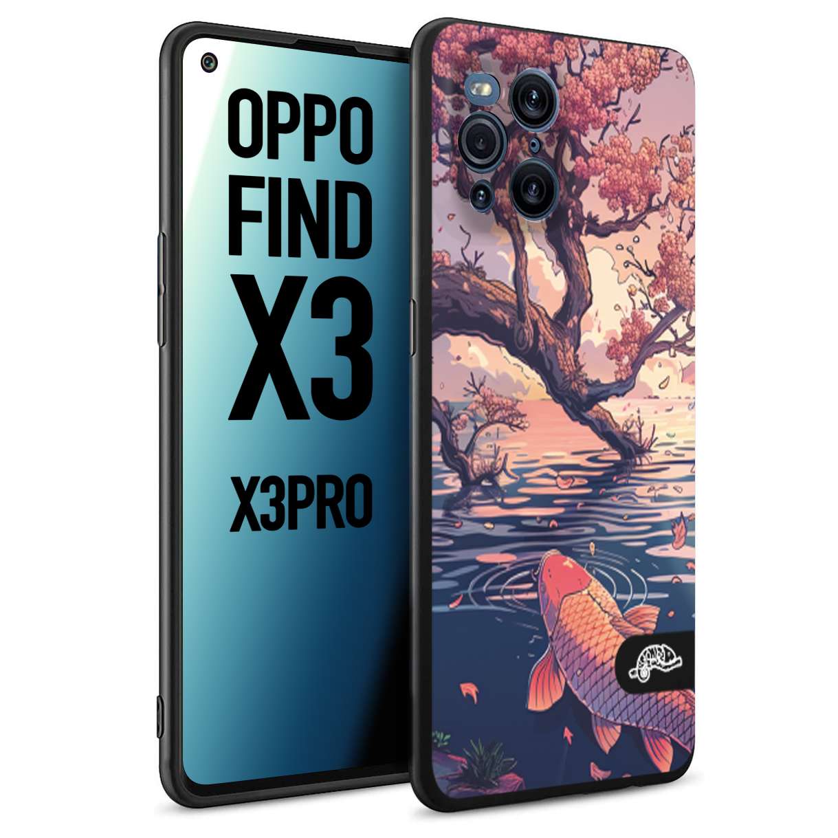 CUSTOMIZZA - Custodia cover nera morbida in tpu compatibile per Oppo Find X3 - Find X3 Pro 5G giapponese lago carpa koi rosa con foglie d'acero disegnata tattoo