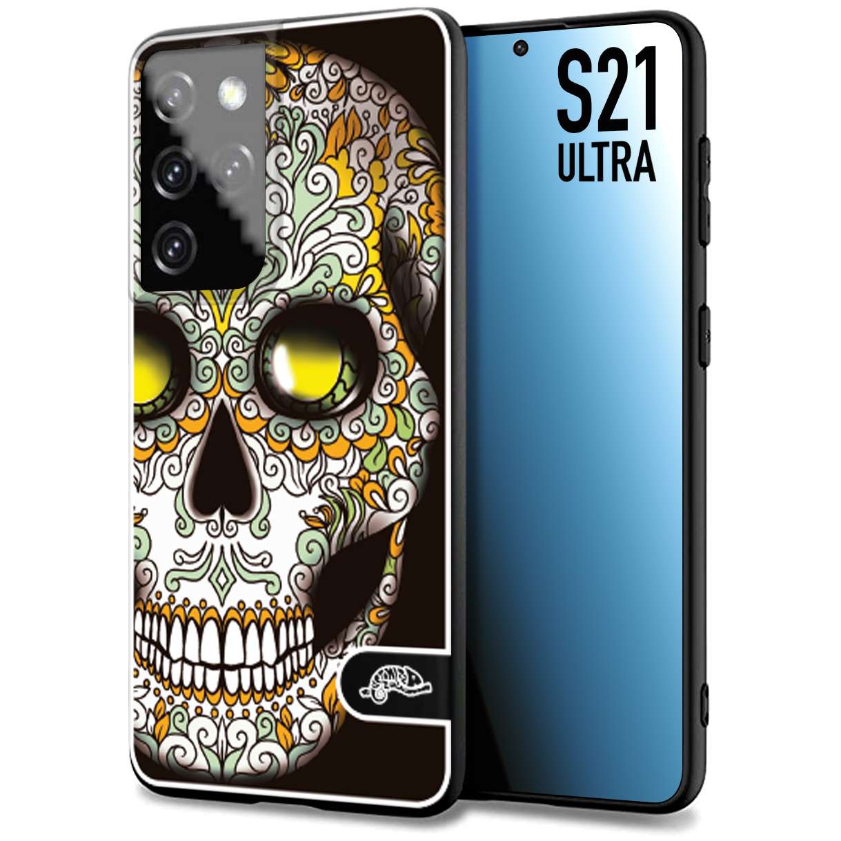 CUSTOMIZZA - Custodia cover nera morbida in tpu compatibile per Samsung S21 ULTRA teschio messicano Mexican skull bianco verde giallo