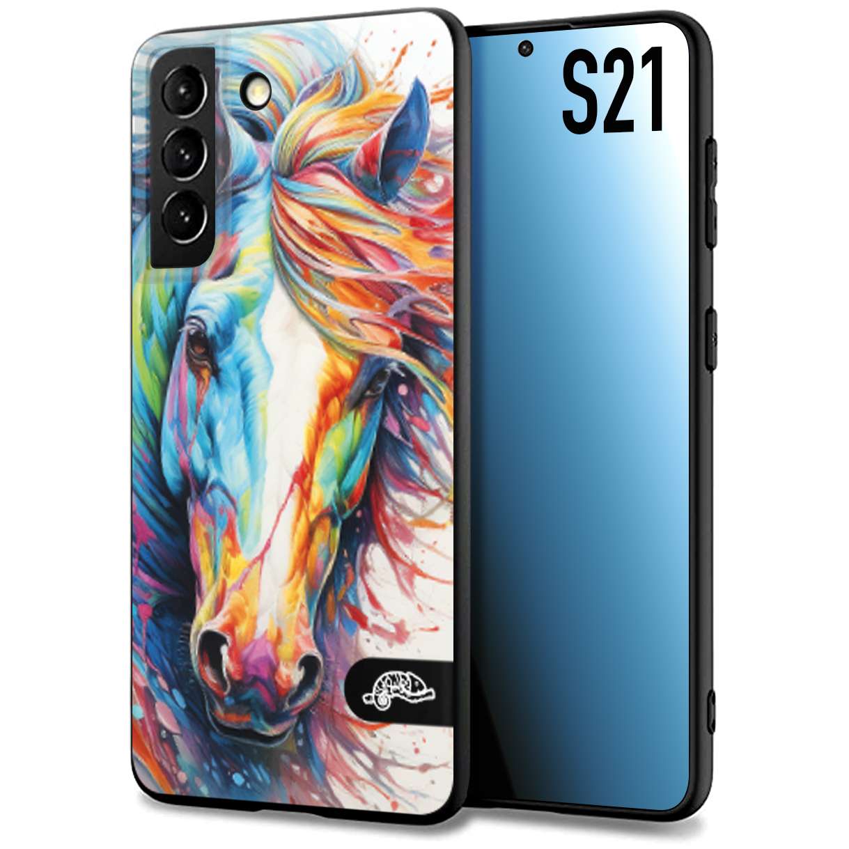 CUSTOMIZZA - Custodia cover nera morbida in tpu compatibile per Samsung S21 animali color cavallo horse viso colori vibranti disegnato schizzo