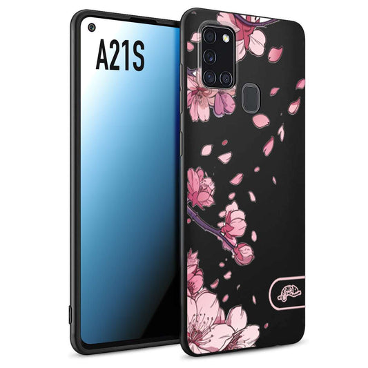 CUSTOMIZZA - Custodia cover nera morbida in tpu compatibile per Samsung A21S giapponese fiori di ciliegio in fiore a rilievo disegnata tattoo