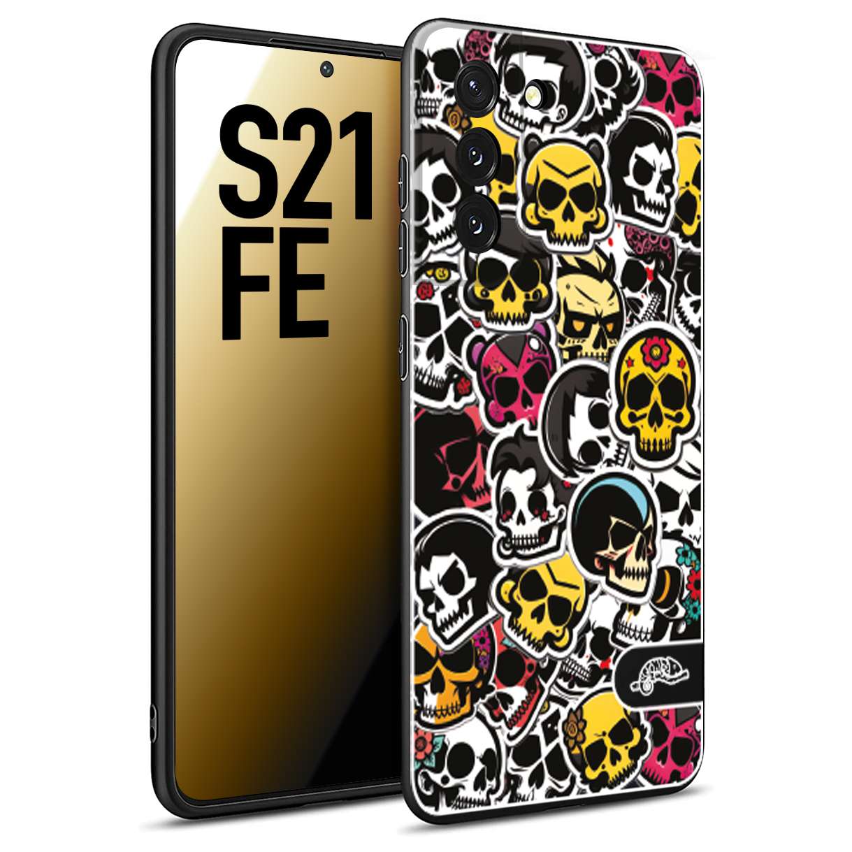 CUSTOMIZZA - Custodia cover nera morbida in tpu compatibile per Samsung S21 FE sticker bomb teschi colorati adesivi skulls skater snowboard