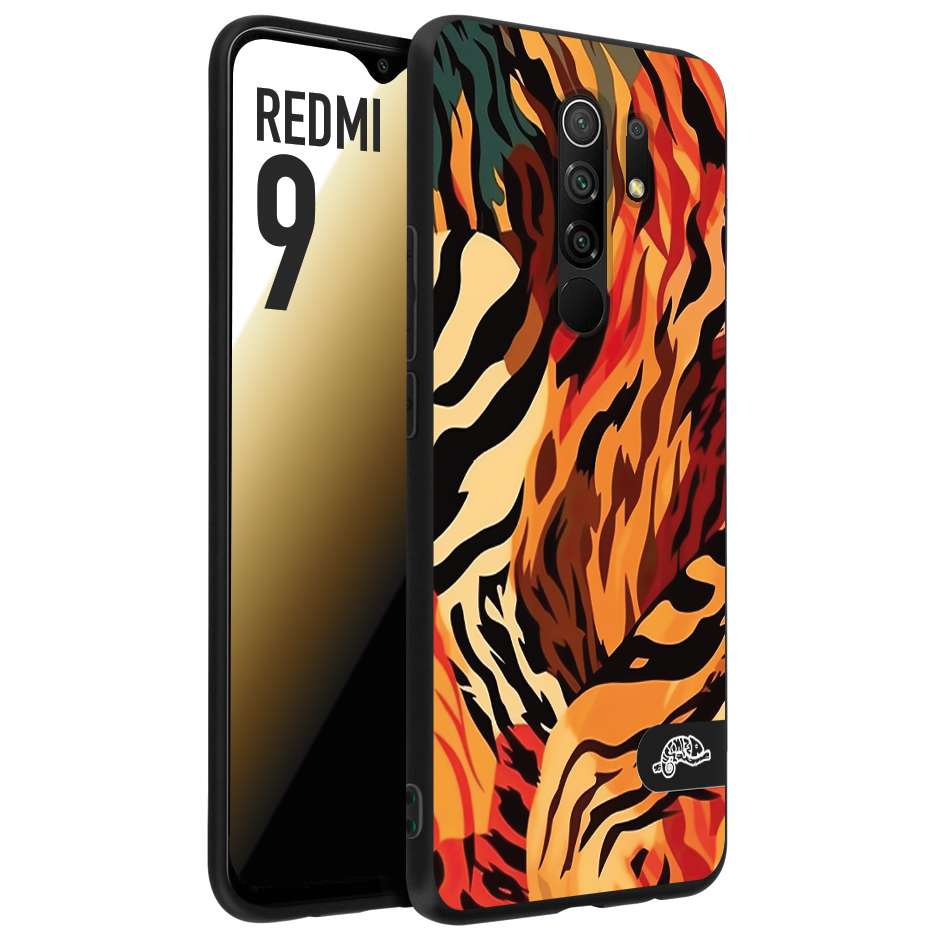 CUSTOMIZZA - Custodia cover nera morbida in tpu compatibile per Xiaomi Redmi 9 leopardato maculato tigrato tiger colorata gialla rossa arancio