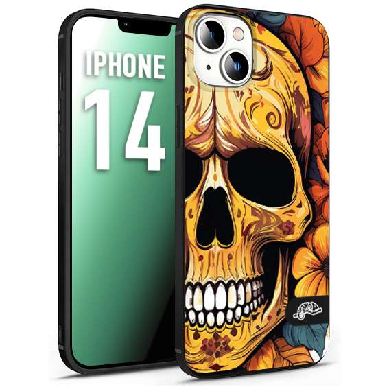 CUSTOMIZZA - Custodia cover nera morbida in tpu compatibile per iPhone 14 teschio messicano colorato dorato fiori autunnali disegnato