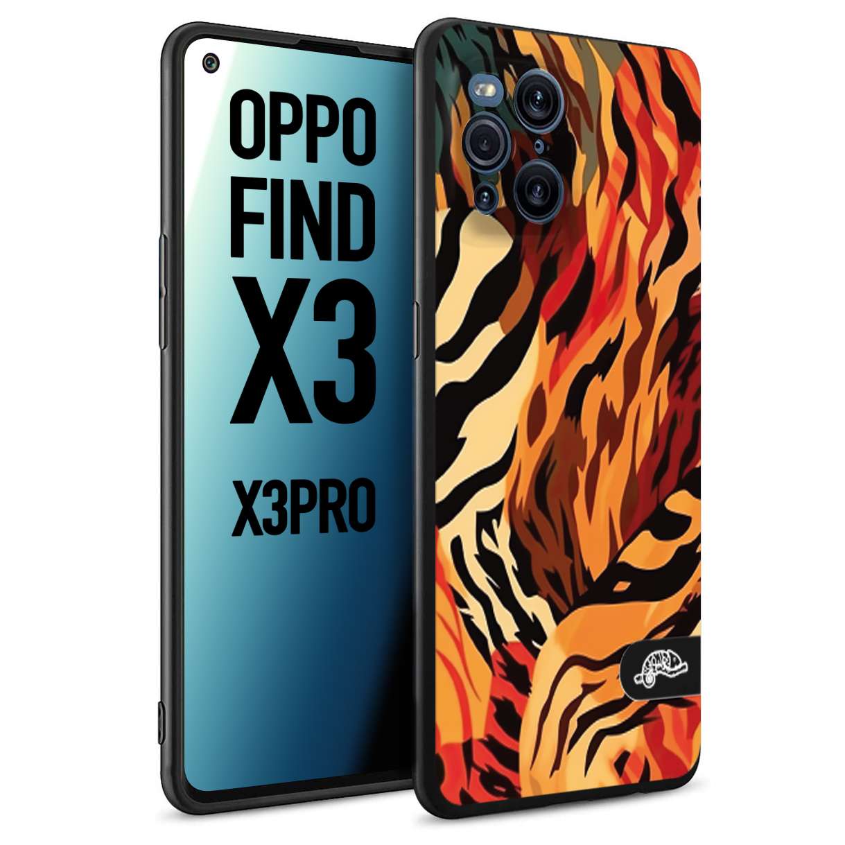 CUSTOMIZZA - Custodia cover nera morbida in tpu compatibile per Oppo Find X3 - Find X3 Pro 5G leopardato maculato tigrato tiger colorata gialla rossa arancio