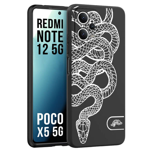 CUSTOMIZZA - Custodia cover nera morbida in tpu compatibile per Xiaomi Redmi Note 12 - POCO X5 5G serpente snake bianco a rilievo disegnato tattoo tatuaggio