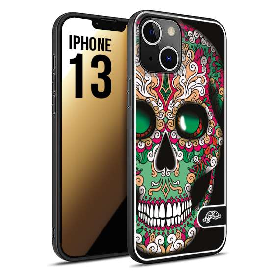 CUSTOMIZZA - Custodia cover nera morbida in tpu compatibile per iPhone 13 teschio messicano Mexican skull verde fucsia