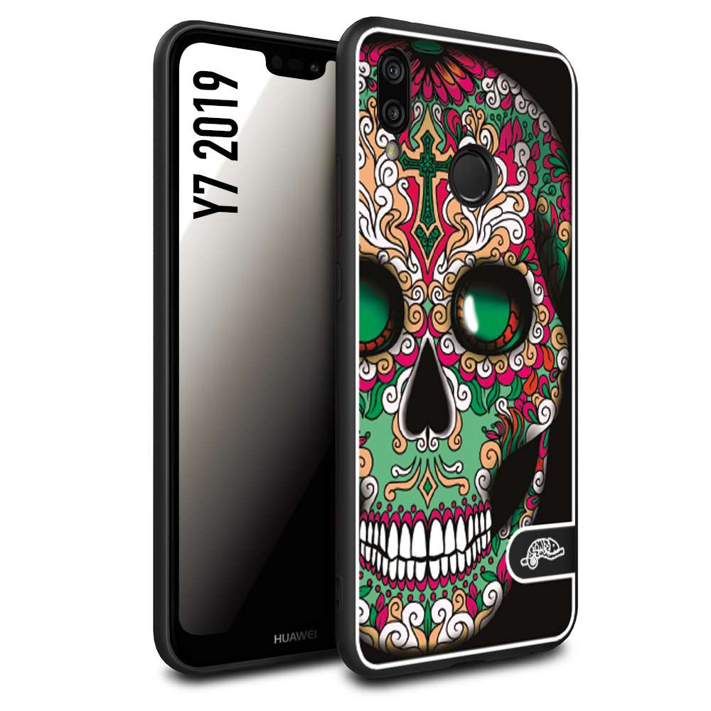 CUSTOMIZZA - Custodia cover nera morbida in tpu compatibile per Huawei Y7 2019 teschio messicano Mexican skull verde fucsia