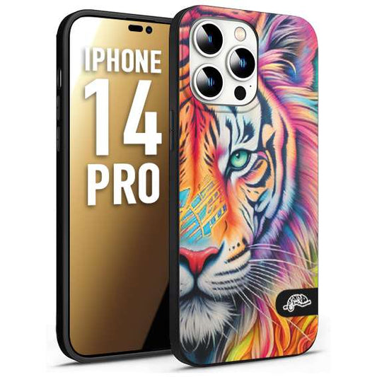 CUSTOMIZZA - Custodia cover nera morbida in tpu compatibile per iPhone 14 PRO animali color tigre tiger viso colori vibranti disegnato schizzo