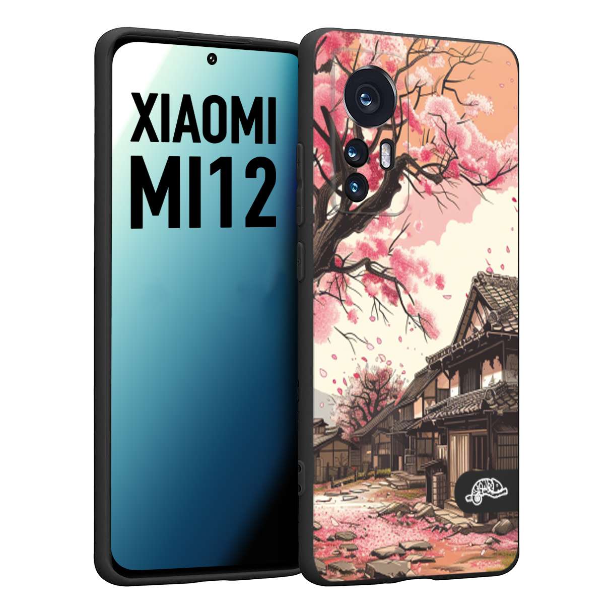 CUSTOMIZZA - Custodia cover nera morbida in tpu compatibile per Xiaomi 12 5G casa giapponese rosa ciliegio in fiore disegnata tattoo