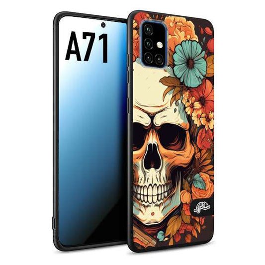 CUSTOMIZZA - Custodia cover nera morbida in tpu compatibile per Samsung A71 teschio skull flowers fiori autunnali arancio celeste tattoo