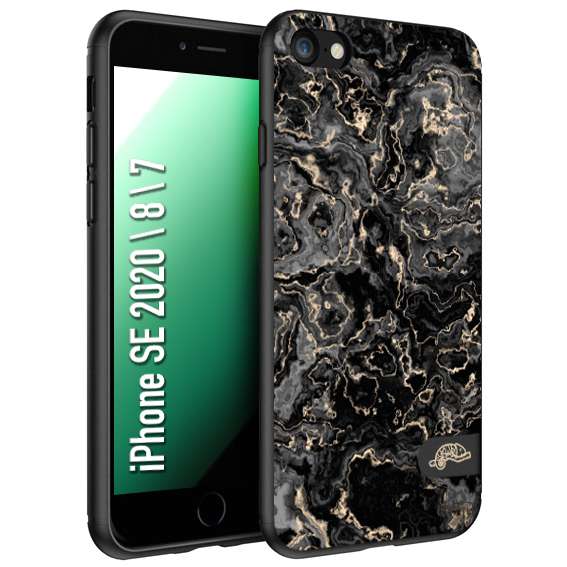 CUSTOMIZZA - Custodia cover nera morbida in tpu compatibile per iPhone 7 - 8 - SE 2020 / 2022 effetto marmo marble nero black venature dorato pietra