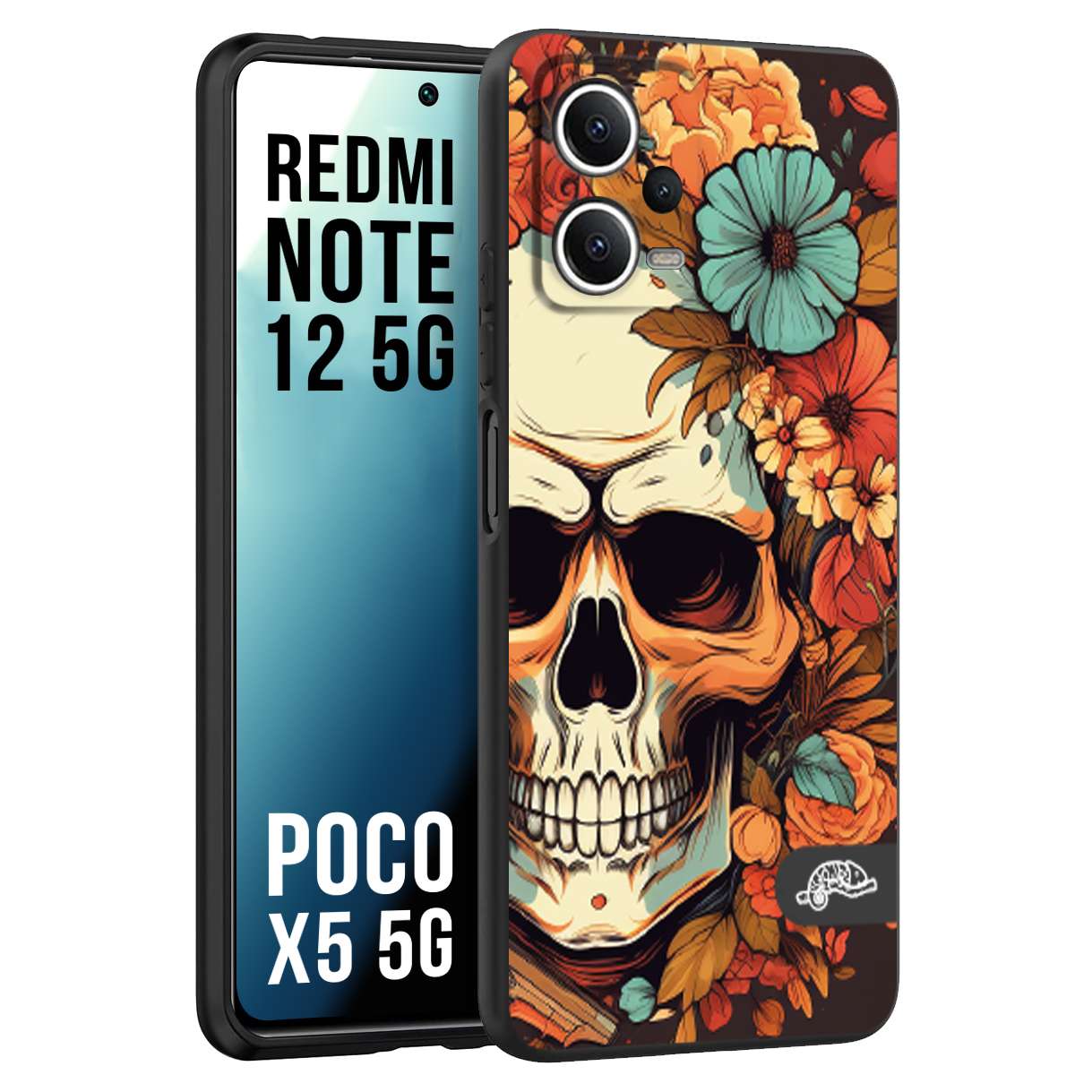 CUSTOMIZZA - Custodia cover nera morbida in tpu compatibile per Xiaomi Redmi Note 12 - POCO X5 5G teschio skull flowers fiori autunnali arancio celeste tattoo