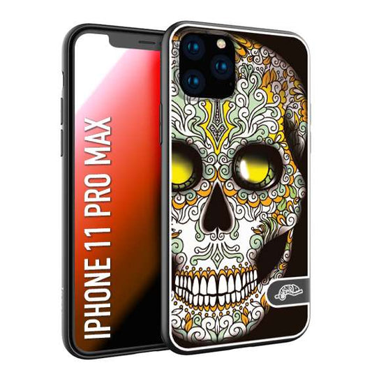 CUSTOMIZZA - Custodia cover nera morbida in tpu compatibile per iPhone 11 PRO MAX teschio messicano Mexican skull bianco verde giallo