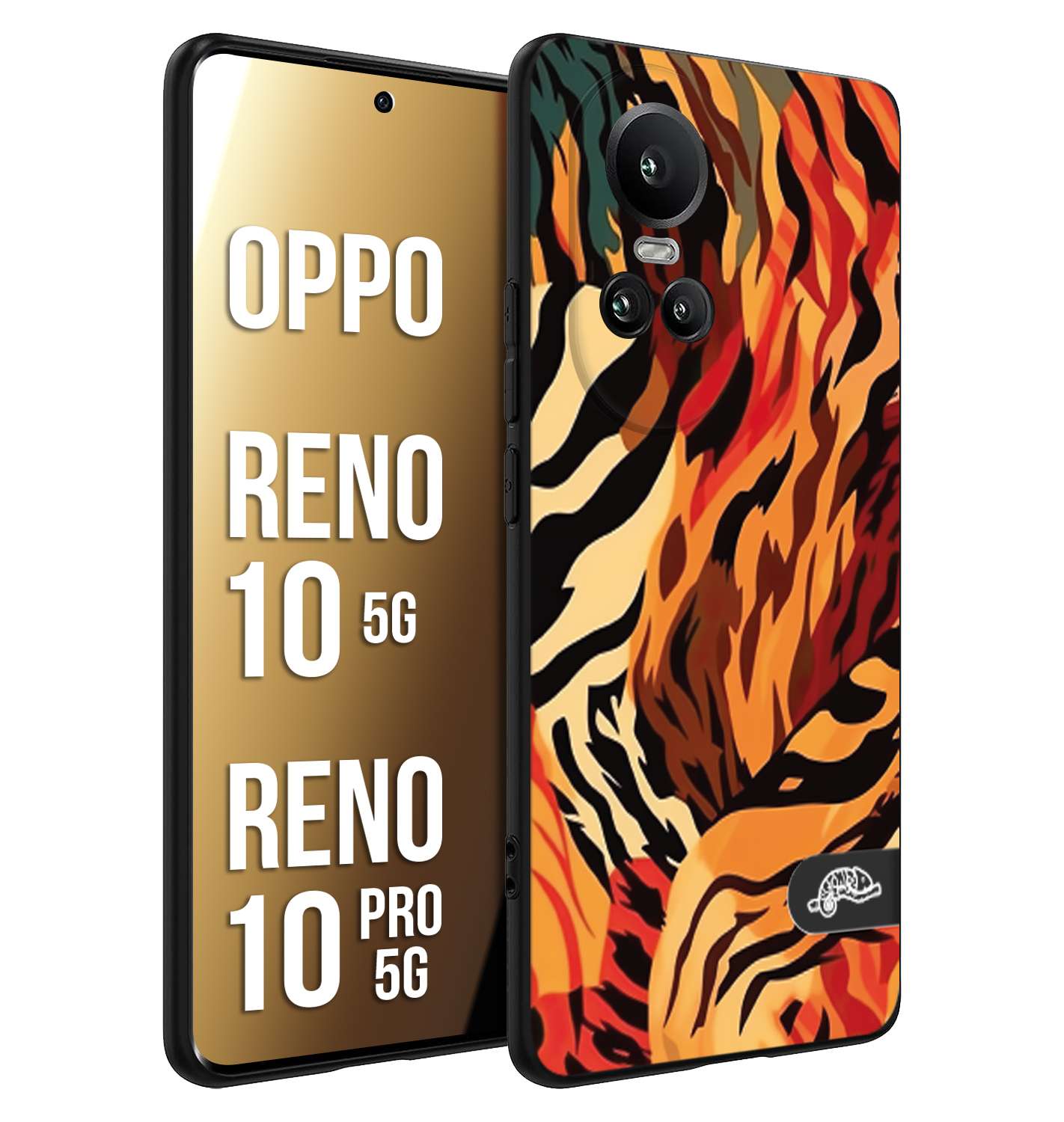 CUSTOMIZZA - Custodia cover nera morbida in tpu compatibile per Oppo Reno 10 5G - 10 PRO 5G leopardato maculato tigrato tiger colorata gialla rossa arancio