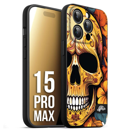 CUSTOMIZZA - Custodia cover nera morbida in tpu compatibile per iPhone 15 PRO MAX teschio messicano colorato dorato fiori autunnali disegnato