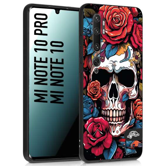 CUSTOMIZZA - Custodia cover nera morbida in tpu compatibile per Xiaomi Mi Note 10 - Mi Note 10 Pro teschio skull flowers fiori rose rosse tattoo disegnato