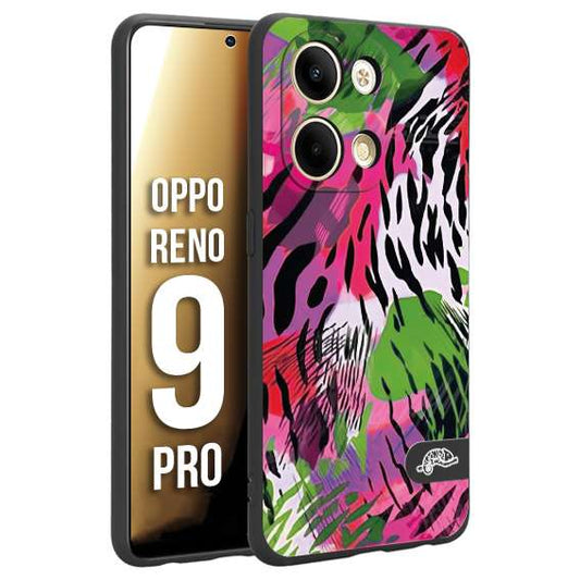 CUSTOMIZZA - Custodia cover nera morbida in tpu compatibile per Oppo Reno 9 PRO leopardato tigrato tiger colorata summer color verde fucsia