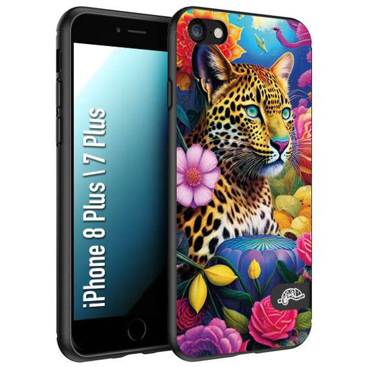 CUSTOMIZZA - Custodia cover nera morbida in tpu compatibile per iPhone 7 Plus - 8 plusfiori astratti donna flower fantasia leopardo ghepardo animali colorati