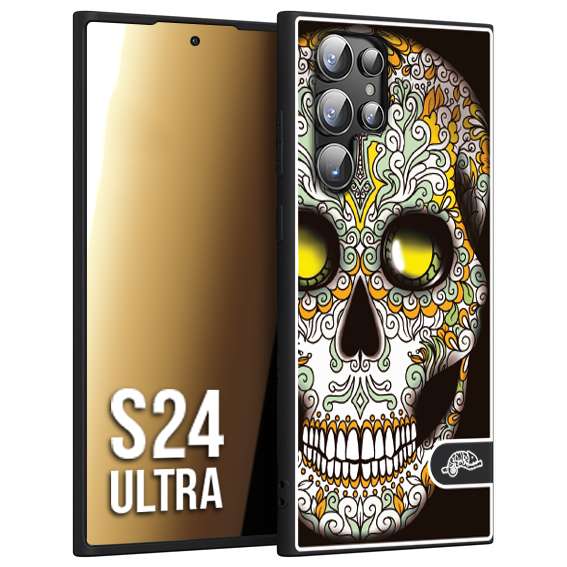 CUSTOMIZZA - Custodia cover nera morbida in tpu compatibile per Samsung S24 ULTRA teschio messicano Mexican skull bianco verde giallo