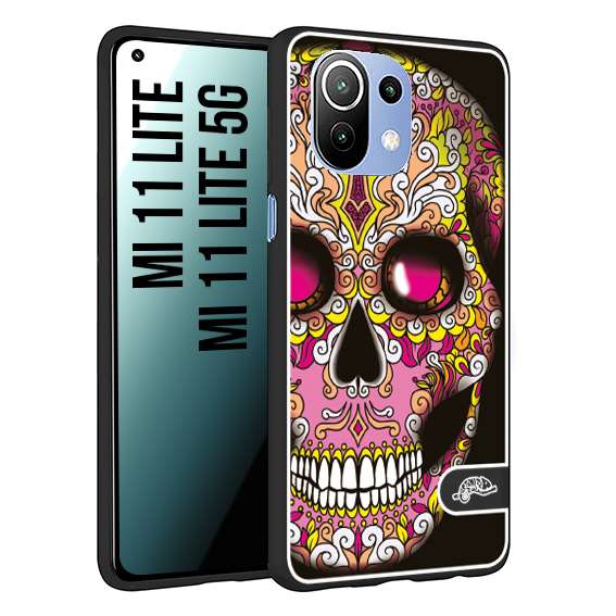 CUSTOMIZZA - Custodia cover nera morbida in tpu compatibile per Xiaomi Mi 11 Lite / Mi 11 Lite 5G teschio messicano Mexican skull rosa gialla